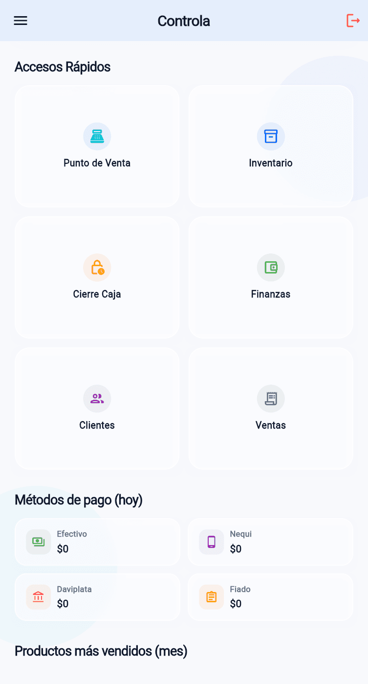 La app Controla mostrando la pantalla de caja en un teléfono